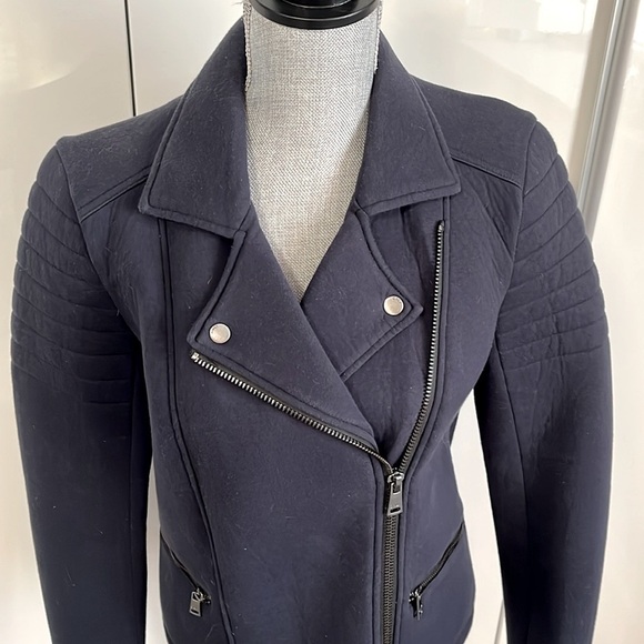 Moto Biker Jacket Pockets 100% Cotton Navy, Size L - Picture 2 of 11